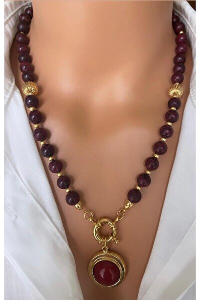 TARZ-I TAKI Altın Kaplama Doğal Taş Bordo Kuvars Taşı Altın Dümen Taş Uç Tasarım Kadın Kolye Anne Sevgili Hediye