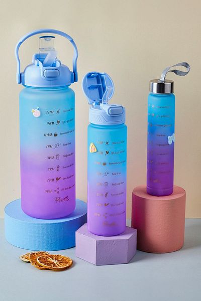 Porsima 11918 Motivational 3-Piece Water Bottle with Misale Graduated and Water Drinking Clock Tritan Water Bottle Blue
