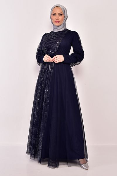 ModaMerve Βραδινό φόρεμα από τούλι Navy Blue Asm2457