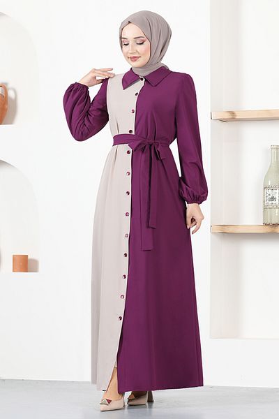 ModaMerve Belted Dress ASM2651 Plum