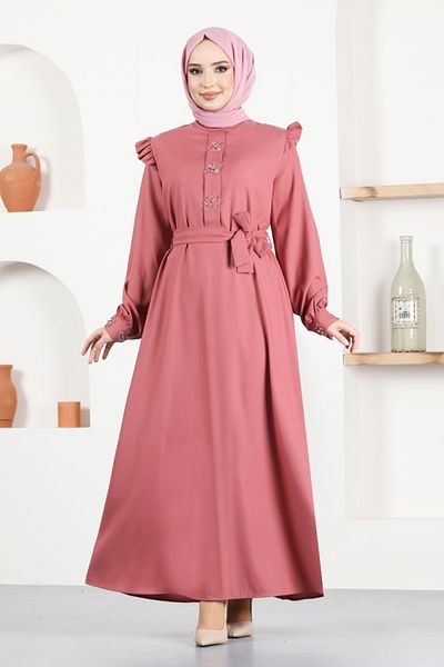 ModaMerve Φόρεμα με ζώνη ASN129 Dusty Rose