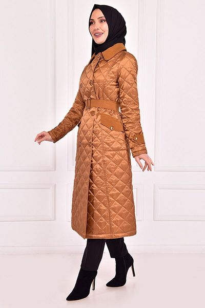 ModaMerve Tan Quilted Coat - Asm2413 Model