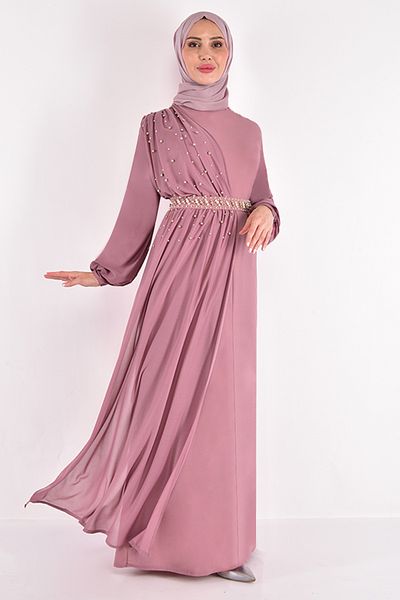 ModaMerve Chiffon Detail Evening Dress Dried Rose Asm2448