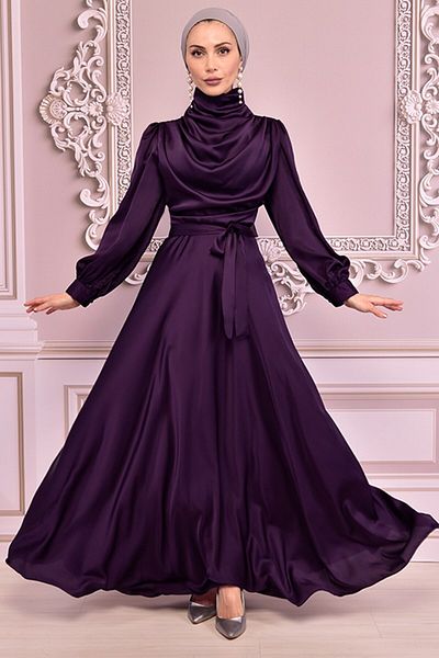 ModaMerve Purple Satin Evening Dress - Belted, Asm14823