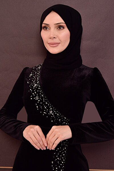 ModaMerve Black Velvet Evening Dress - Asm2407 Model