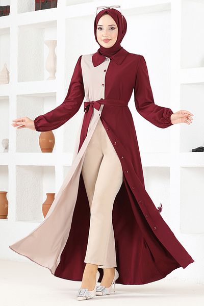 ModaMerve Belted Dress ASM2651 Claret Red