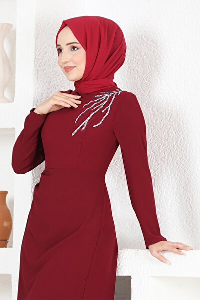 ModaMerve Burgundy Stone Evening Dress - End5561 Model