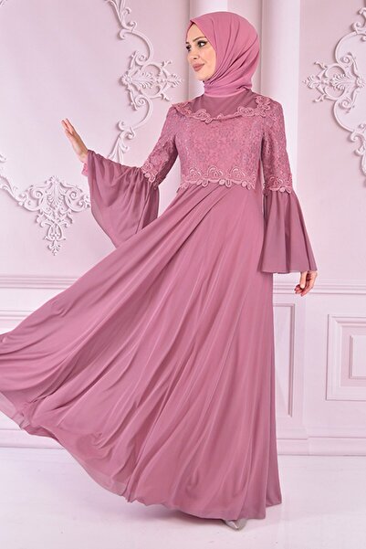 ModaMerve Rochie de seara din sifon cu detaliu din dantela trandafir uscat Asm2452