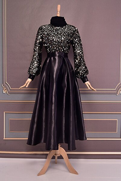 ModaMerve فستان سهرة من الساتان موديل Asm2537 - بحزام وذهبي