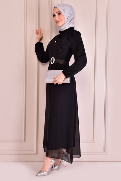 ModaMerve Black Chiffon Belted Dress - Efs12441
