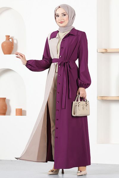 ModaMerve Belted Dress ASM2651 Plum