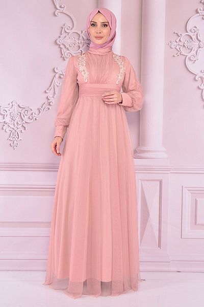 ModaMerve Tulle Evening Dress Powder Asm2436