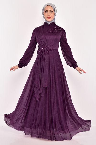 ModaMerve Plum Color Glitter Guipure Detailed Evening Dress - ASM10022