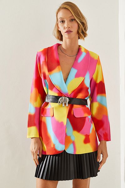 Bianco Lucci Patterned Belted Lined Women'sBlazerJacket - 2207 60251762