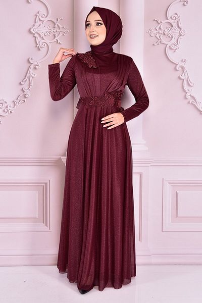 ModaMerve Glittered Evening Dress Claret Red Asm21040