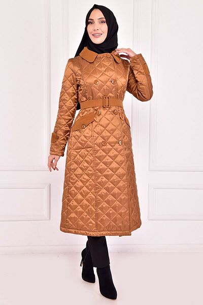 ModaMerve Tan Quilted Coat - Asm2413 Model