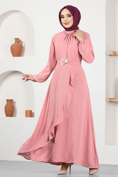 ModaMerve Φόρεμα με ζώνη ASN128 Dusty Rose
