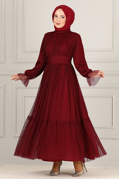 ModaMerve Belted Chiffon Evening Dress END5521 Claret Red