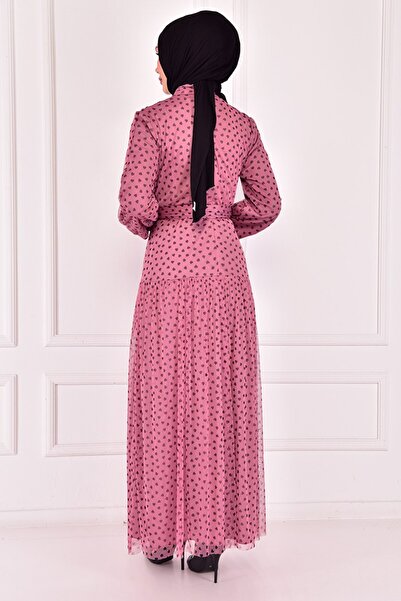 ModaMerve Belted Tulle Dress Dried Rose Asm2444