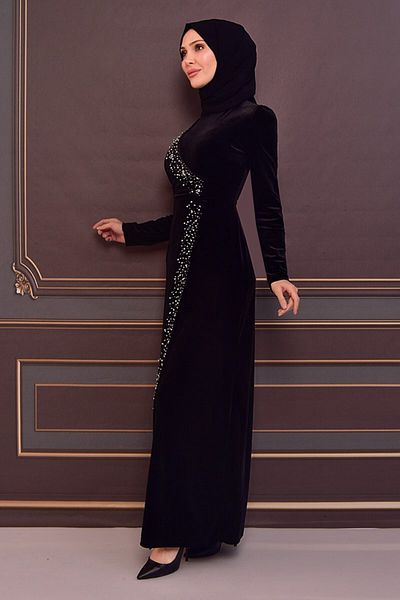 ModaMerve Black Velvet Evening Dress - Asm2407 Model
