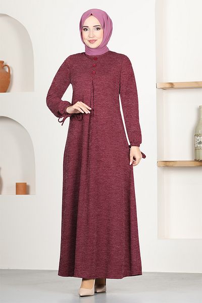 ModaMerve Φόρεμα με λεπτομέρεια με κουμπιά MSL1171 Claret Red