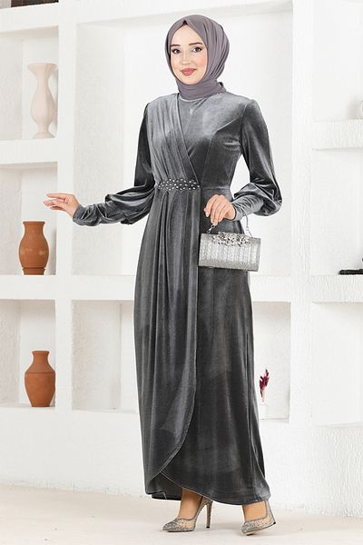 ModaMerve Βελούδινο Φόρεμα Anthracite Μοντέλο ASM2533