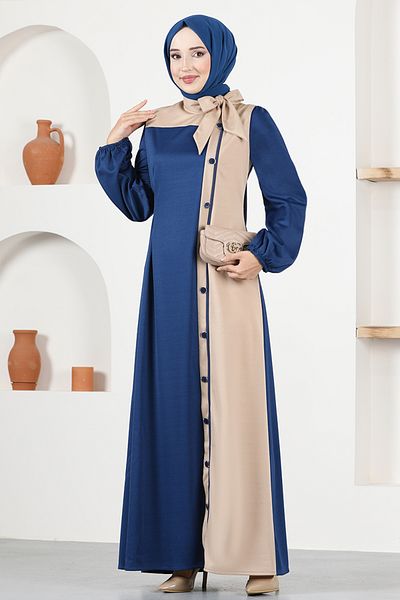 ModaMerve Button Detail Dress Indigo Asm2460