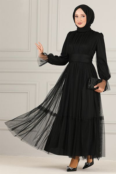 ModaMerve Belted Chiffon Evening Dress END5521 Black