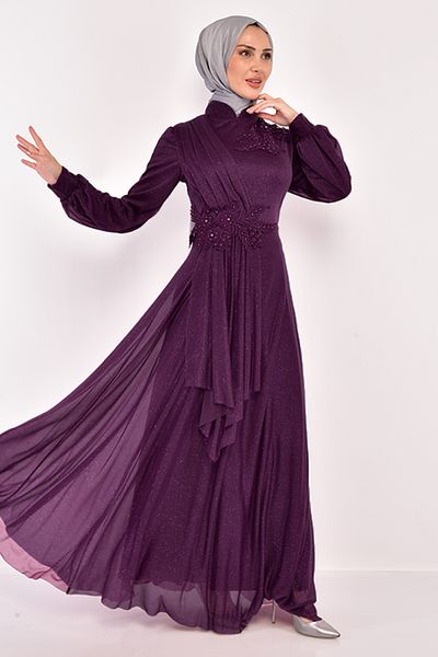 ModaMerve Plum Color Glitter Guipure Detailed Evening Dress - ASM10022