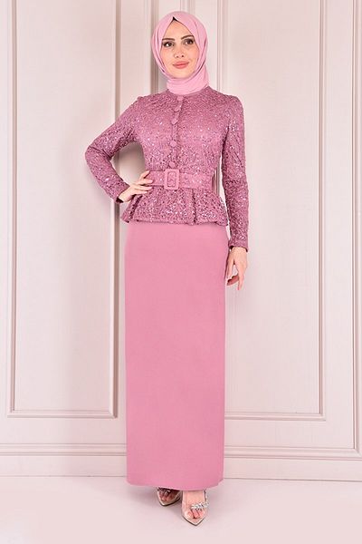 ModaMerve Belted Evening Dress Dried Rose Asm2175