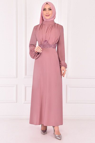 ModaMerve Powder Color Guipure Detailed Dress - Asm2387