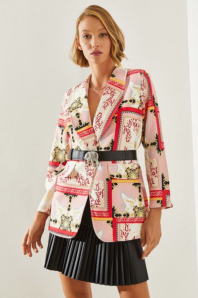 Bianco Lucci Patterned Belted Lined Women's Blazer Jacket - 2207 60251760