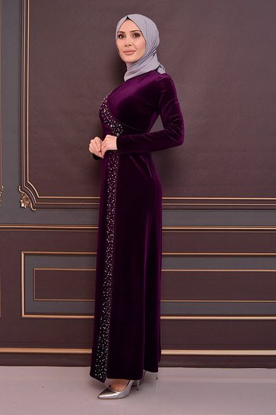 ModaMerve Plum Velvet Evening Dress - Asm2407 Model