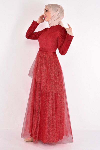 ModaMerve Βραδινό Φόρεμα Τούλι Claret Red ASM2471