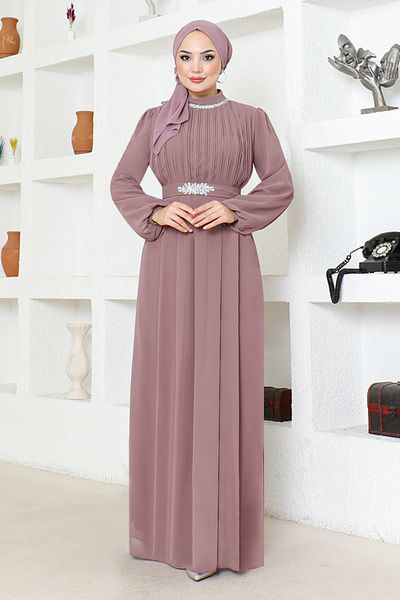 ModaMerve LPN6056 Μοντέλο Βραδινό Φόρεμα Σιφόν - Σχέδιο Dusty Rose