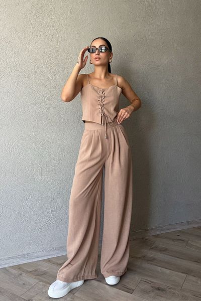 Seda Yalçın Atelier Mink Crop Trousers and Thin Strap Set with String Detail