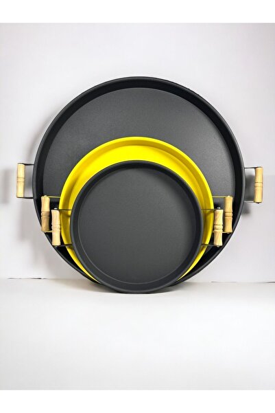 hemlife 3 Lü (51, 37, 30 CM) Ahşap Kulplu Metal Tepsi Çay Tepsisi Kahve Tepsi...