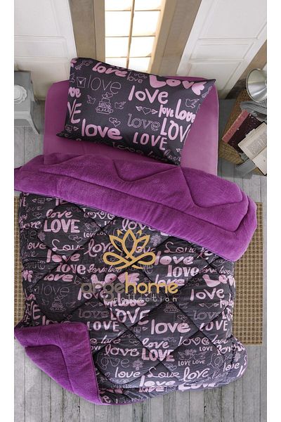 argehome Single Double-Sided Plush Quilt and Pillow Set - Wellsoft Fluffy, Plum Love