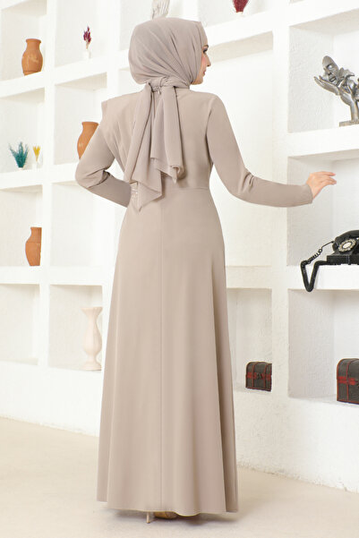 ModaMerve Beige Stone Detailed Dress - ASM2693