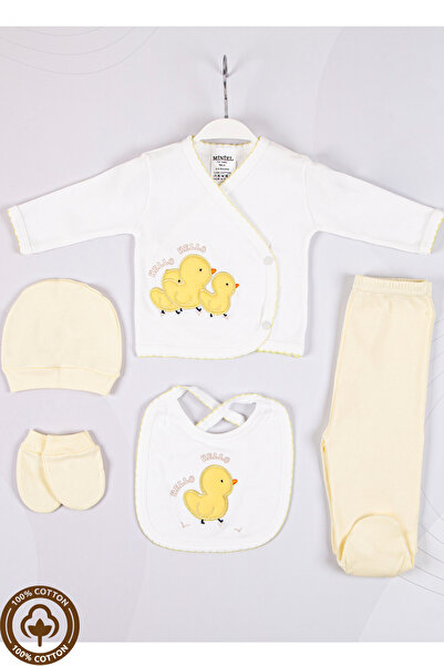 Miniel Unisex Bebek Civciv Nakışlı Organik Pamuklu 5'li Yenidoğan Hastane Çık...