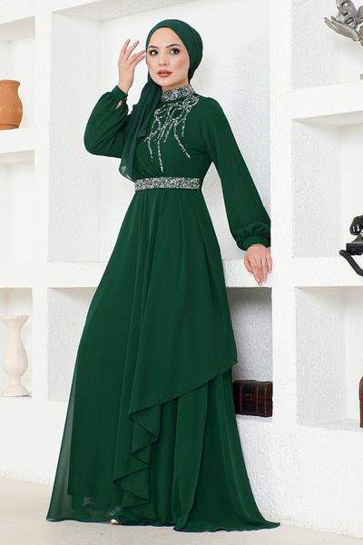 ModaMerve Emerald Chiffon Evening Dress - MSL52885