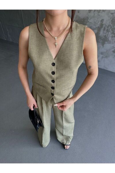 Moda İkra keten yelek pantolon 2 li takım