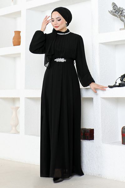 ModaMerve Black Chiffon Evening Dress - LPN6056 Model