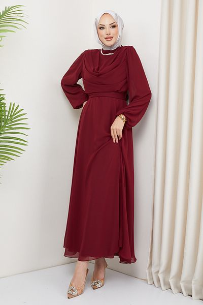 ModaMerve Burgundy Chiffon Evening Dress - LPN2010 Model