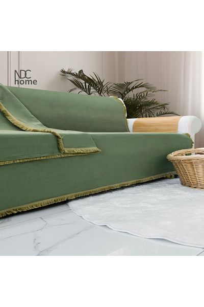 NDC HOME Husă de canapea din in premium kaki - smocuri, 170x220