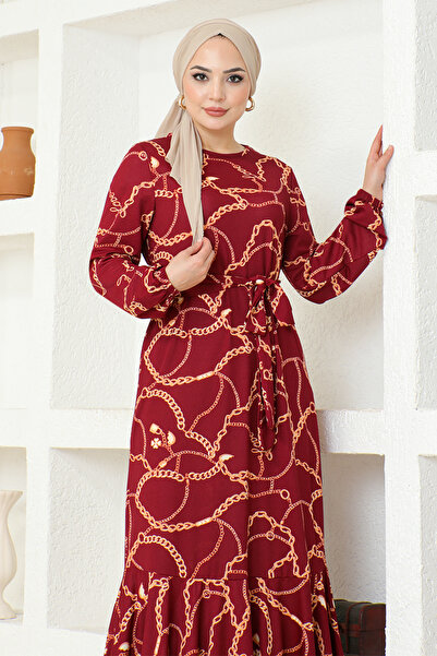 ModaMerve Φόρεμα με μπορντό φύλλο - DVL234