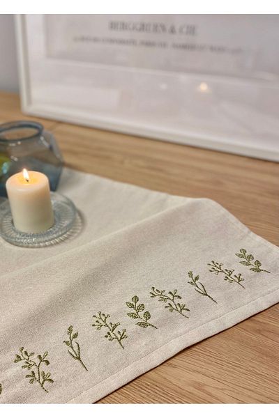 Soft Colours Authentic Embroidered Organic Raw Linen Runner 100% Cotton 40X140 cm