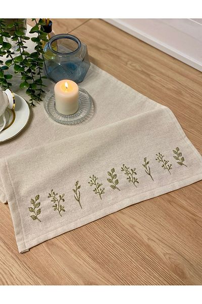 Soft Colours Authentic Embroidered Organic Raw Linen Runner 100% Cotton 40X140 cm