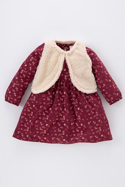 DeFacto Floral Patterned Long Sleeve ComBed Cotton Dress and PlusH Cardigan 2 Pieces Set for BaBy Girl B1378a523wn