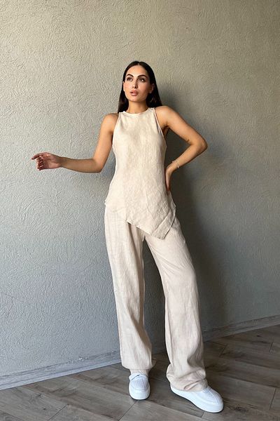 Seda Yalçın Atelier Beige Blouse and Trousers Set - Curved Cut